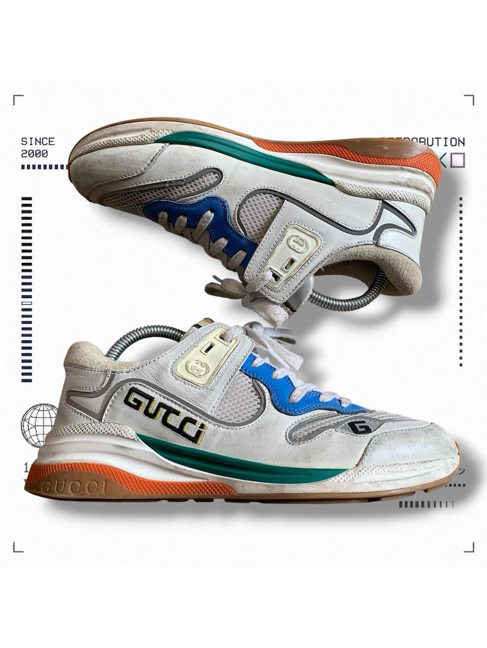 Gucci Ultrapace Leather Sneakers White Blue Size 7.5 US Mens